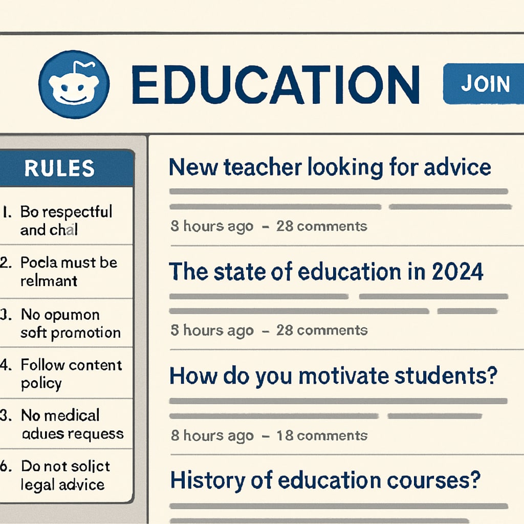 A screenshot of the r/Education subreddit homepage showcasing its rules and active discussions about education-related topics. Reddit Education community homepage displaying rules and discussions.
