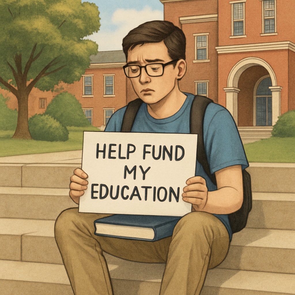 A student holding a sign reading “Help Fund My Education” while sitting on campus steps, symbolizing the struggle of tuition costs. Student crowdfunding tuition costs on campus