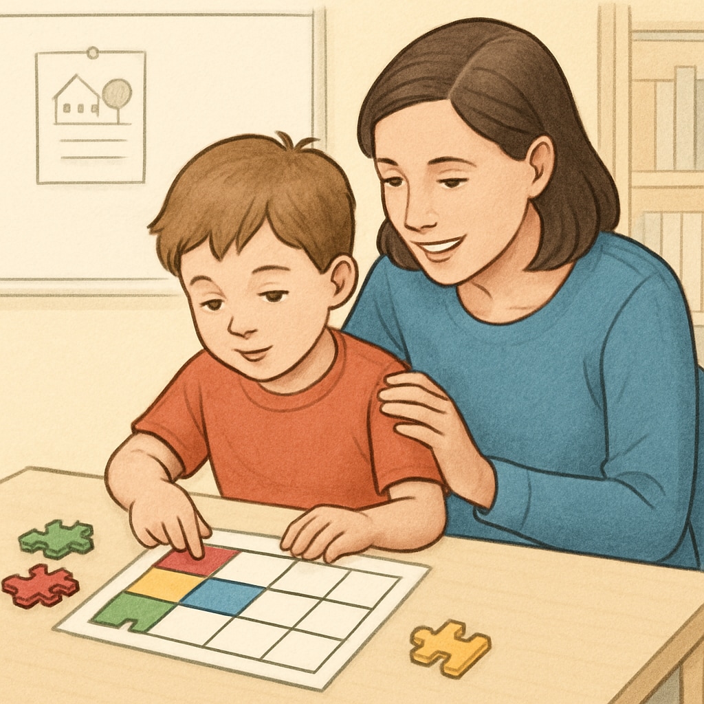 A child working on a structured activity with parental guidance, such as a puzzle or chart. This image visually represents executive function development strategies. Parental support for executive function skills in special needs children