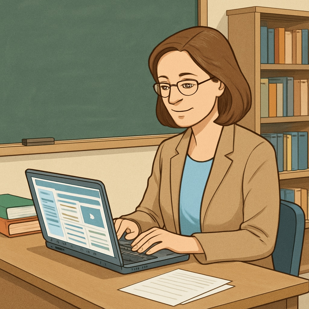 A teacher using a laptop to browse Reddit education subreddits in a classroom setting. A teacher exploring Reddit education communities on their laptop.