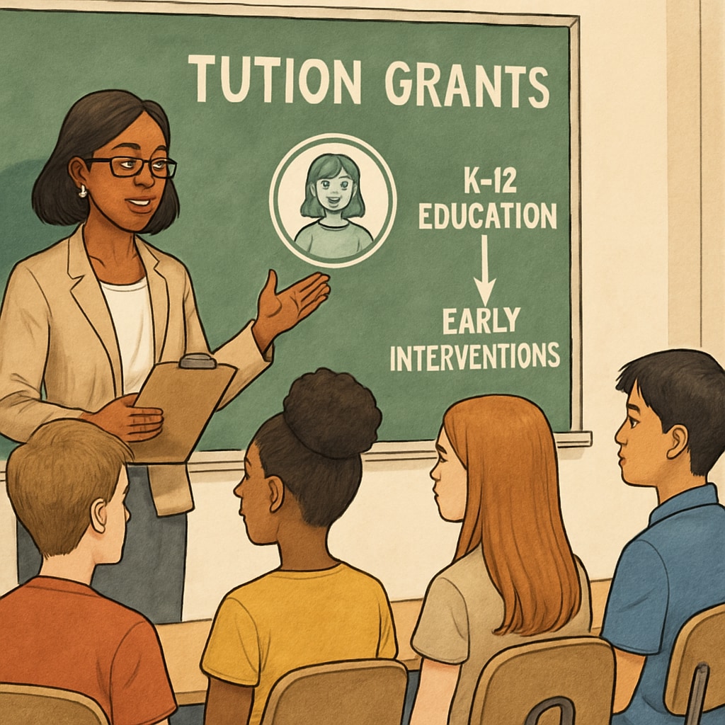 A financial aid officer explaining tuition grants to a diverse group of high school students, illustrating early interventions in K12 education. Financial aid officer guiding students on tuition grants
