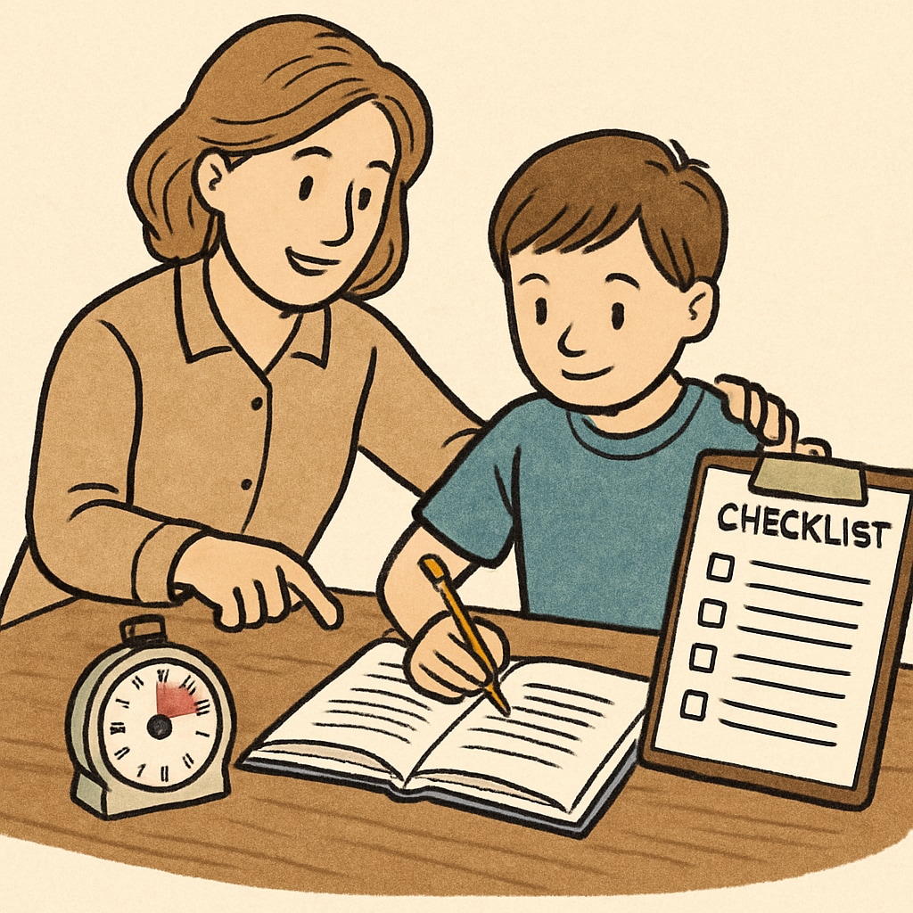 A parent helping a child use a timer or checklist to complete homework, illustrating structured support methods. Structured parental support for ADHD and ASD children