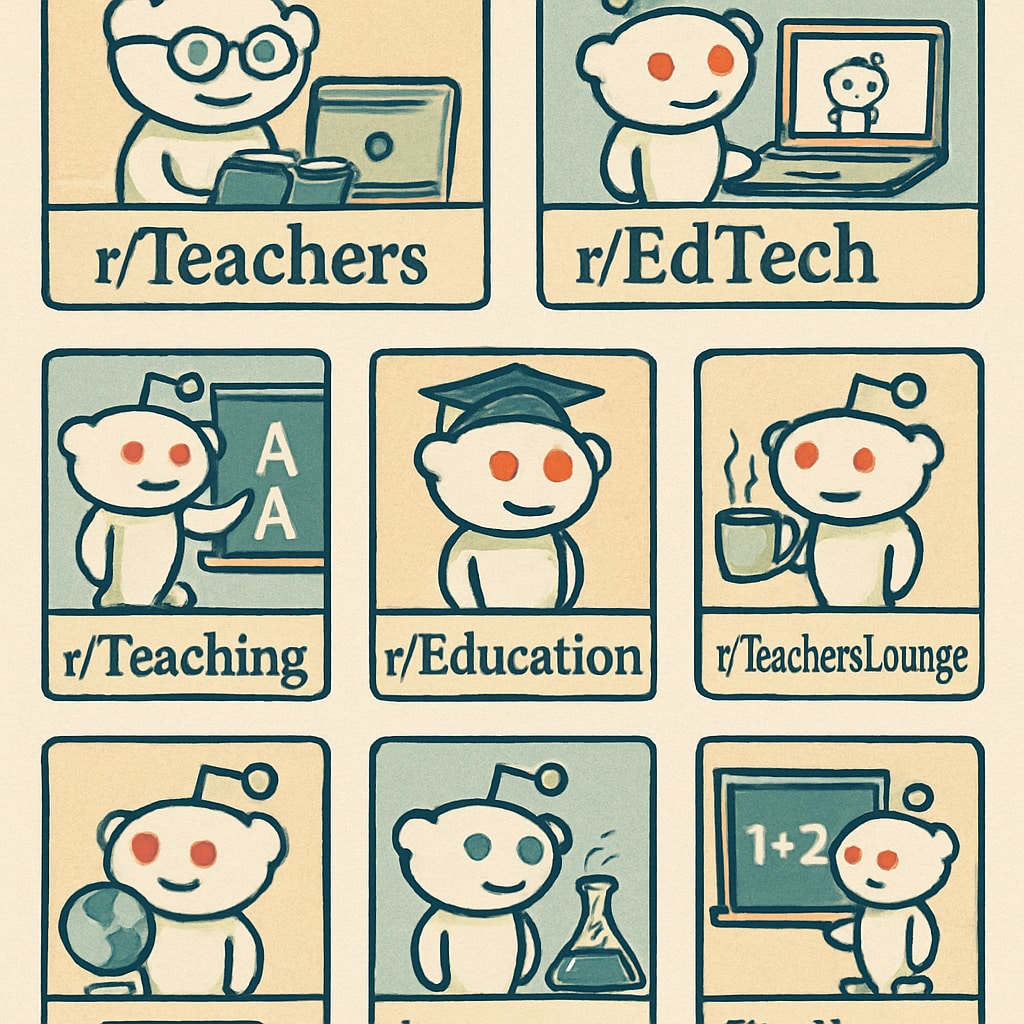 A collage of Reddit subreddit logos relevant to K12 education, such as r/Teachers and r/EdTech. Logos of Reddit education subreddits like r/Teachers and r/EdTech.