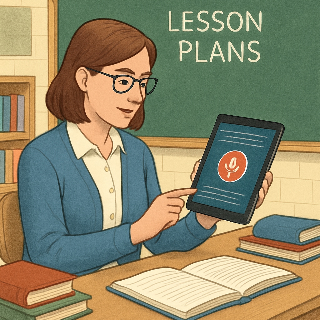 A teacher using a speech-to-text app on a tablet while preparing lesson plans in a classroom setting. Teacher using WillowVoice to prepare lesson plans, showcasing education workflow improvement.