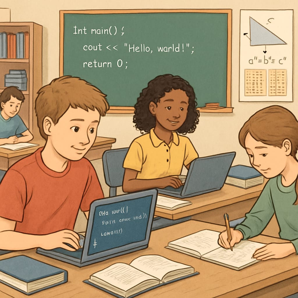 A classroom where students are working on both computer programming and traditional math assignments, illustrating the integration of vocational and academic education. Students in a classroom integrating vocational education and academic subjects.
