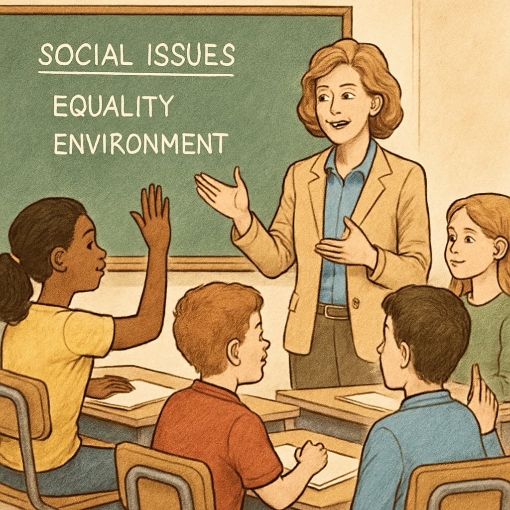 A classroom scene where a teacher engages with students on societal topics. The image highlights the importance of interactive discussions in understanding class-related topics. A teacher leading a discussion on class stratification in a classroom setting.