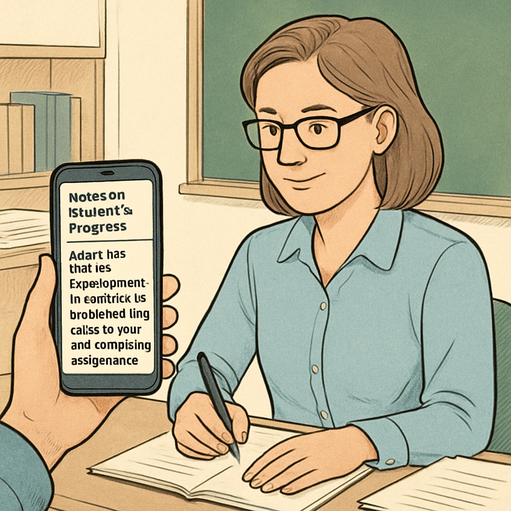 A teacher recording notes about a student’s progress on their smartphone, with the transcription displayed on the screen. Teacher using WillowVoice to record student progress notes, highlighting improved teaching efficiency.