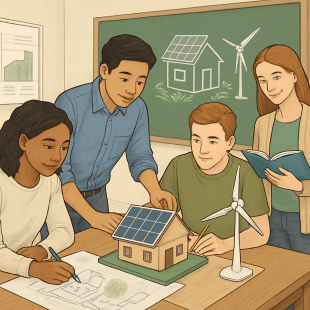 Students collaborating on a project that combines engineering principles with environmental science, highlighting project-based learning. Students collaborating on an interdisciplinary project combining vocational and academic learning.