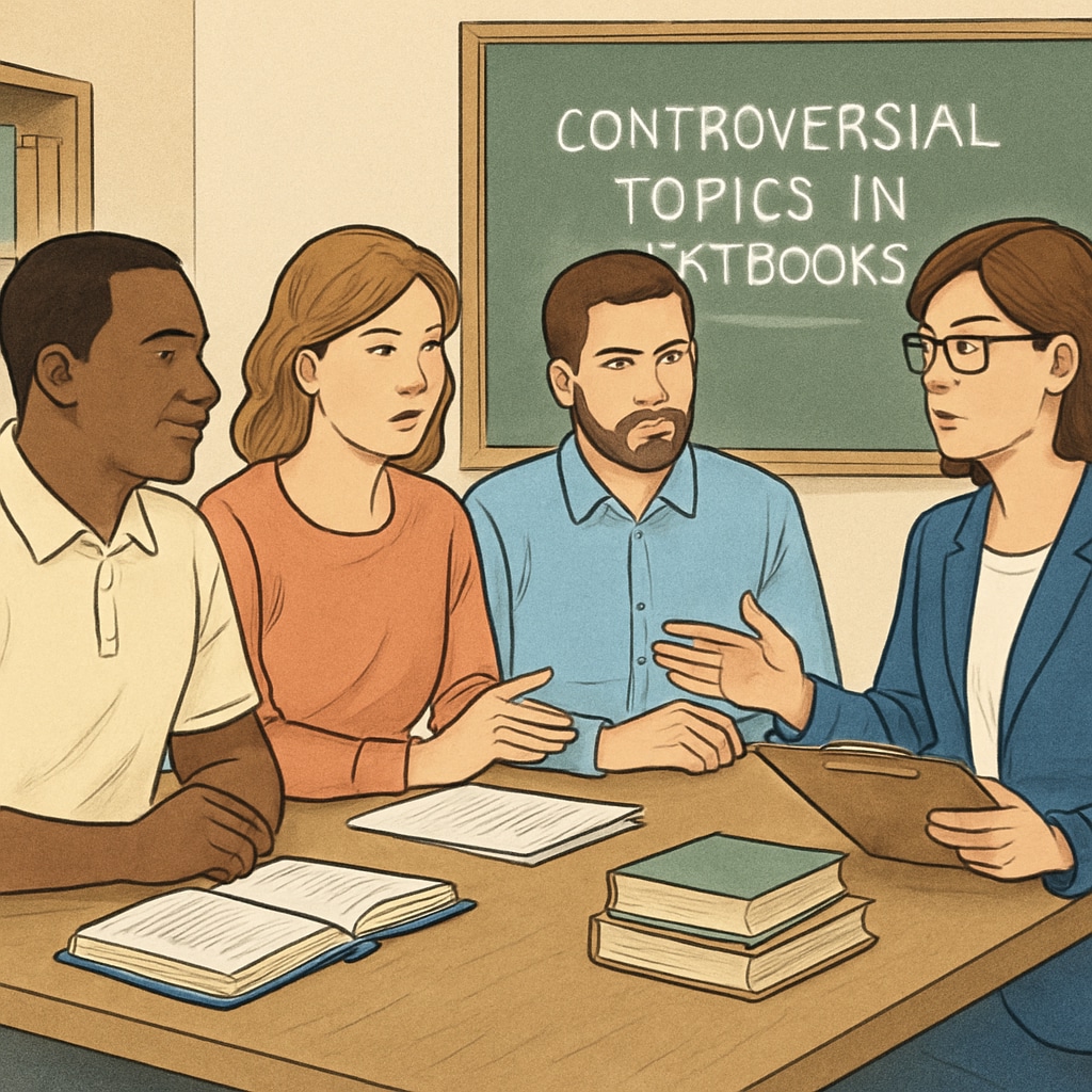 Parents and teachers engaged in a discussion about educational content. The image represents collaboration in addressing concerns about controversial topics in textbooks. Parents and teachers discussing K12 textbook content on class stratification.
