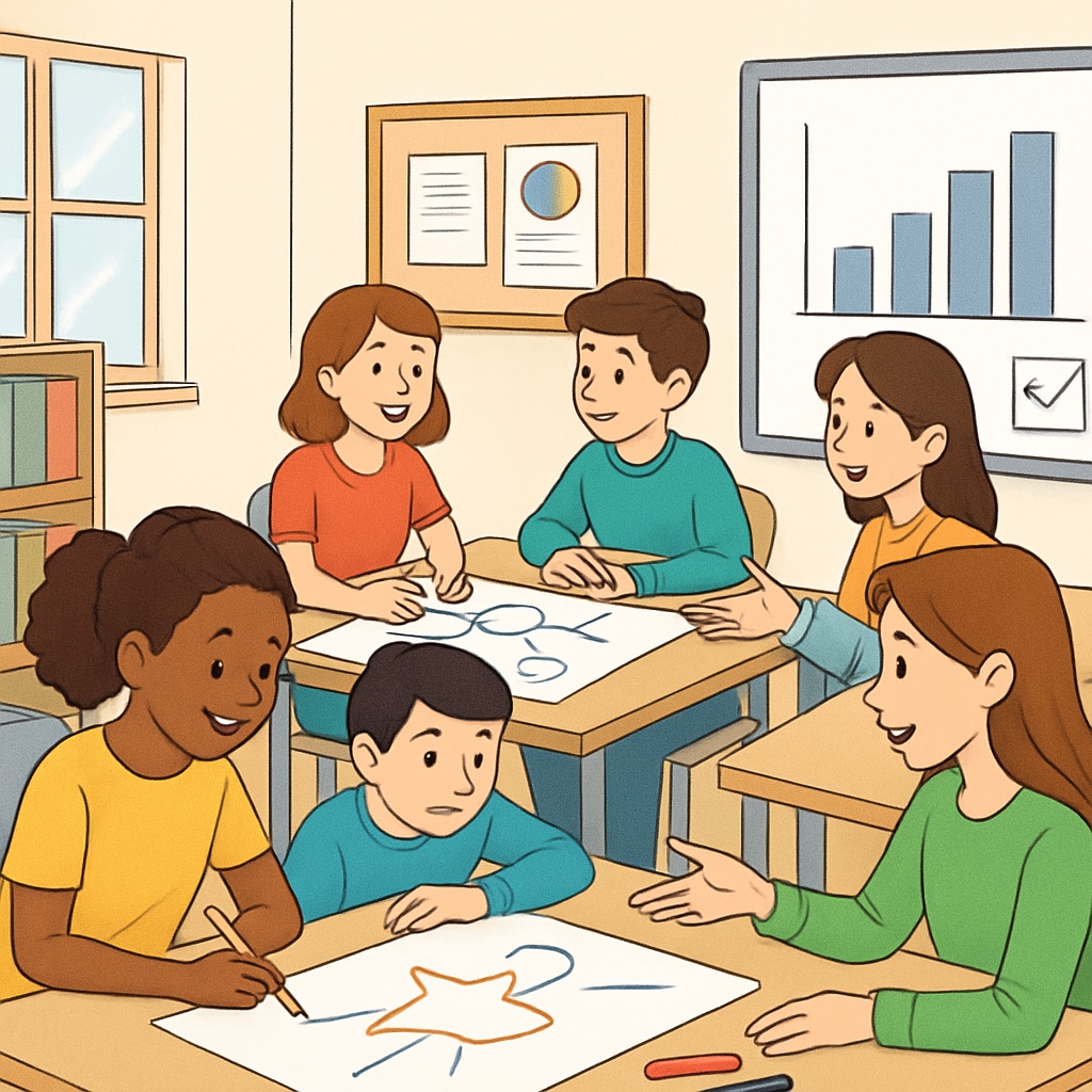 A classroom with students engaged in creative group activities, representing alternative education evaluation methods. Students in a classroom showcasing alternative education evaluation methods.