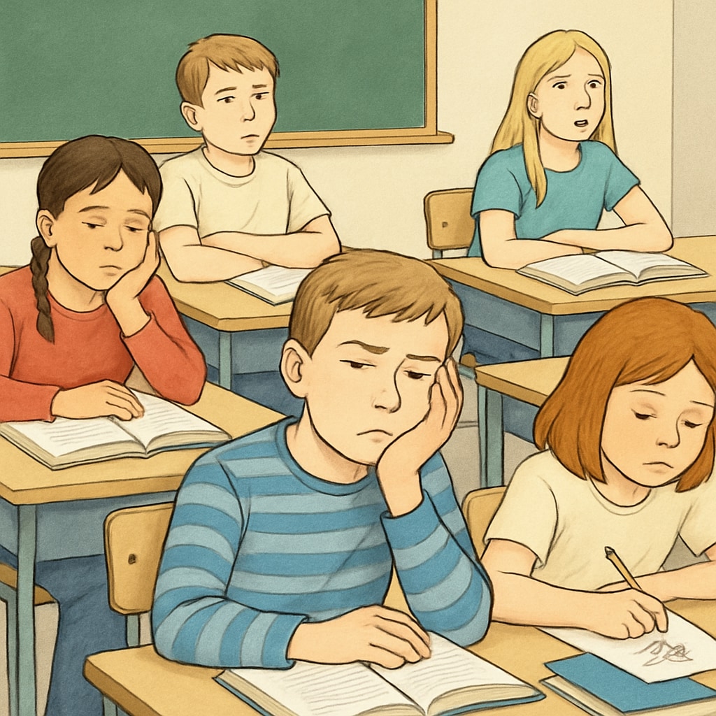 Students looking disengaged in a classroom setting, symbolizing boredom. Students feeling bored in a classroom environment.