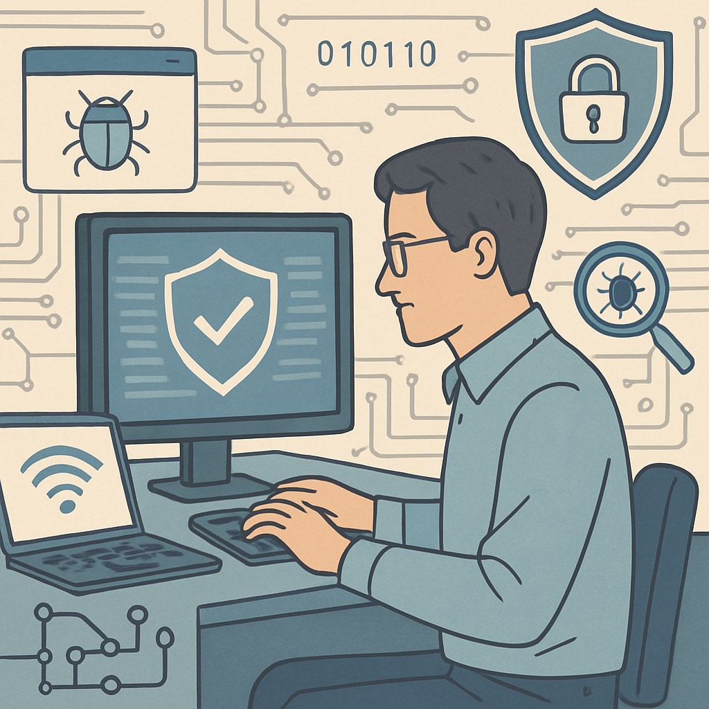 A professional cybersecurity analyst working in a tech-focused environment, showcasing advanced tools and techniques. Cybersecurity analyst using cutting-edge tools to identify threats.