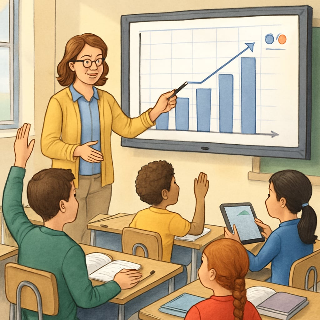 A teacher using interactive technology to engage students in a classroom. Teacher engaging students with interactive tools to combat boredom.