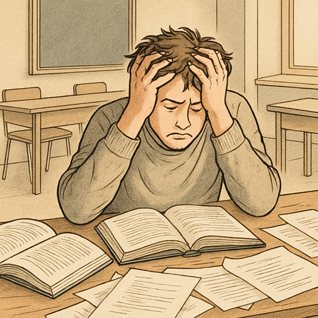An image of a distressed college student sitting at a desk with books, representing the impact of false plagiarism accusations. A distressed student facing the consequences of a false plagiarism accusation.