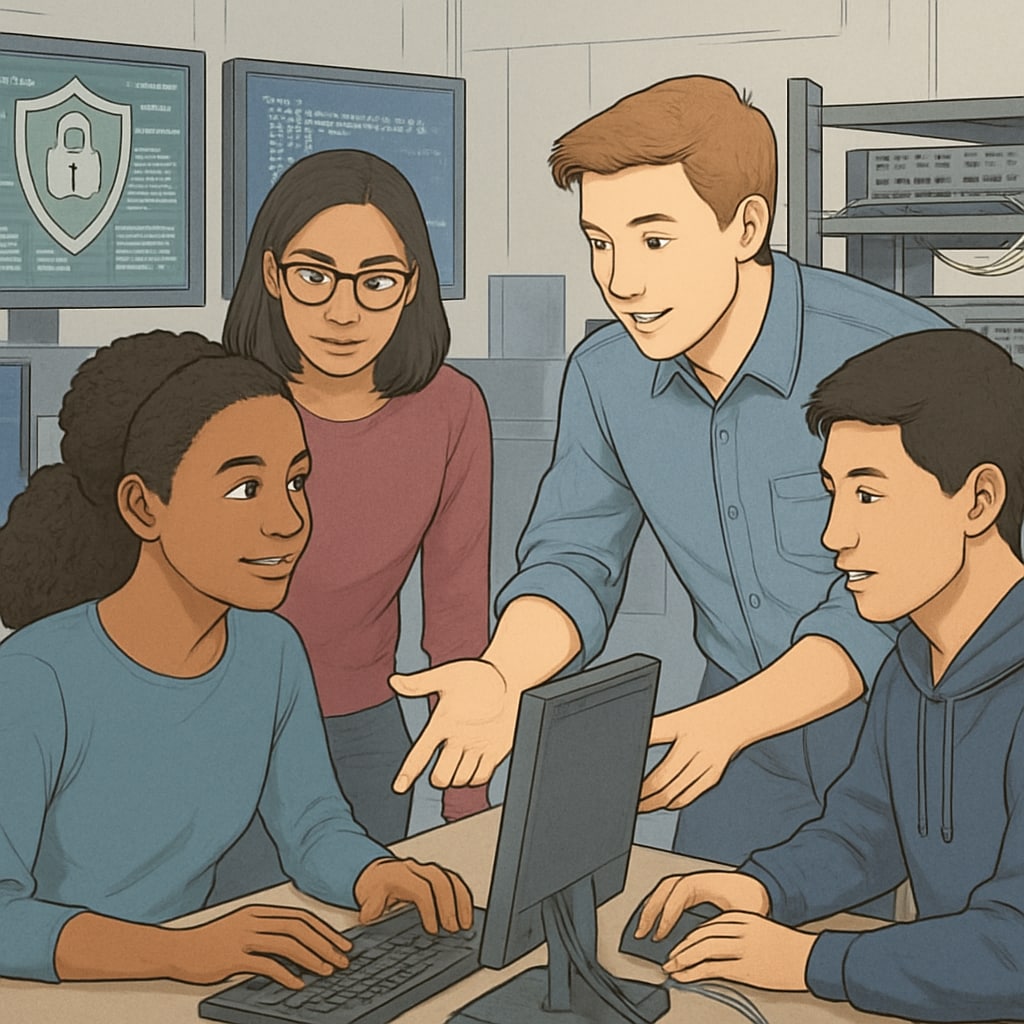 A diverse group of students collaborating in a cybersecurity lab, reflecting teamwork and skill development. Students in a cybersecurity lab, developing technical expertise.