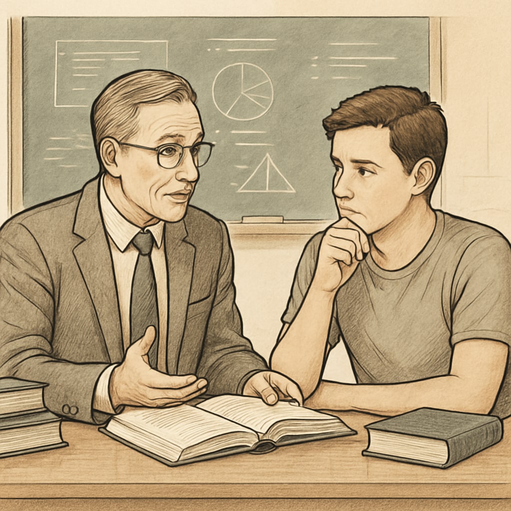 A classroom setting where a professor and a student are engaged in a discussion, symbolizing a balanced approach to academic integrity. A professor and student discussing academic integrity in a classroom setting.