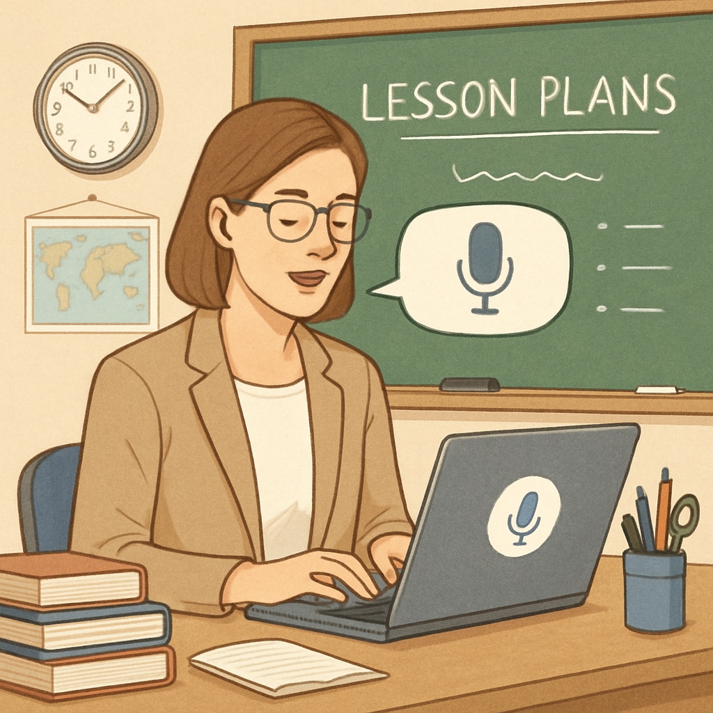 A teacher using a speech recognition tool like WillowVoice to dictate lesson plans on a laptop in a classroom setting. Speech recognition tool WillowVoice in action for teacher lesson planning.