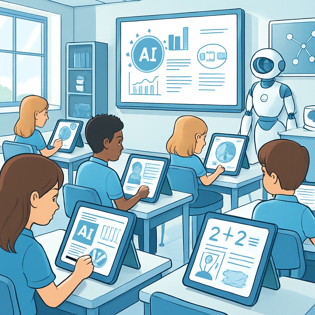 A futuristic classroom with students using AI-powered tablets for personalized learning. AI-powered personalized learning in a futuristic classroom
