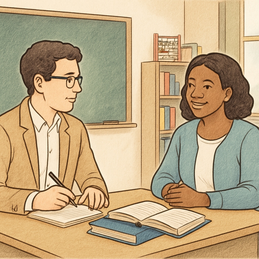 A graduate student conducting an interview with a school counselor in a classroom setting. Graduate student interviewing a school counselor for research purposes.
