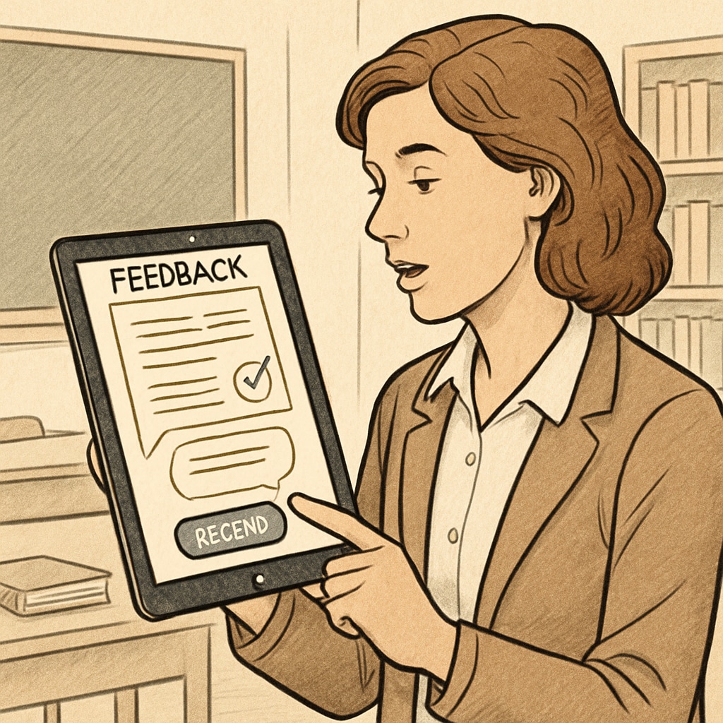 An educator using WillowVoice to provide verbal feedback on student assignments, displayed on a tablet screen. Teacher giving feedback using WillowVoice speech-to-text technology.