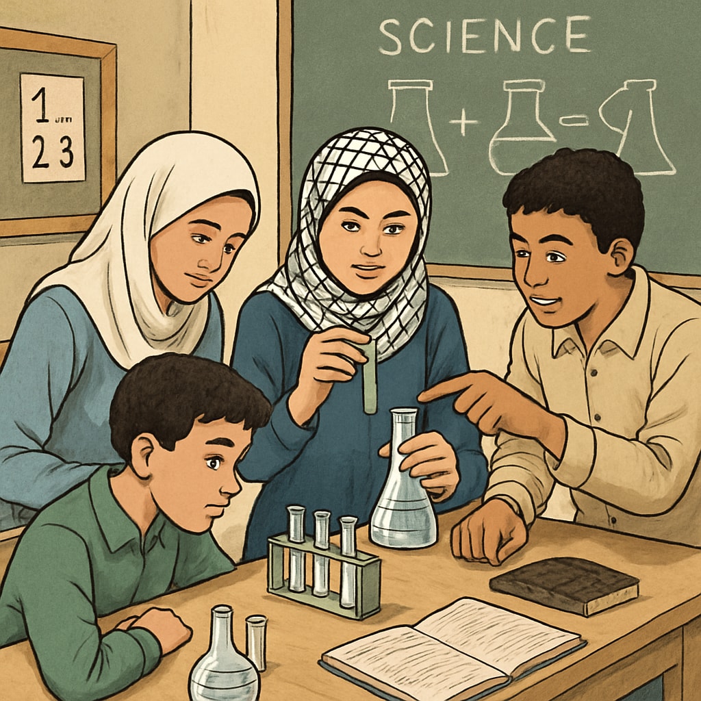 A classroom in Gaza with students engaging in a science experiment to foster critical thinking and teamwork. Students conducting science experiments in a Gaza classroom.