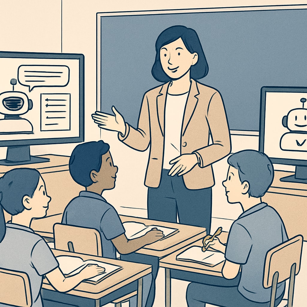 A teacher interacting with students while AI-driven teaching assistants manage routine tasks on screens nearby. AI transforming teacher roles in modern classrooms