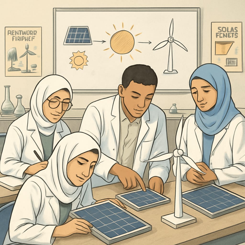 Students in Gaza working collaboratively on a renewable energy project in their science class. Gaza students collaborating on renewable energy science projects.