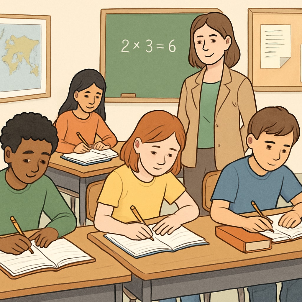 A classroom setting with students working on assignments, emphasizing the importance of academic honesty. Students working on assignments in a classroom, highlighting academic integrity.