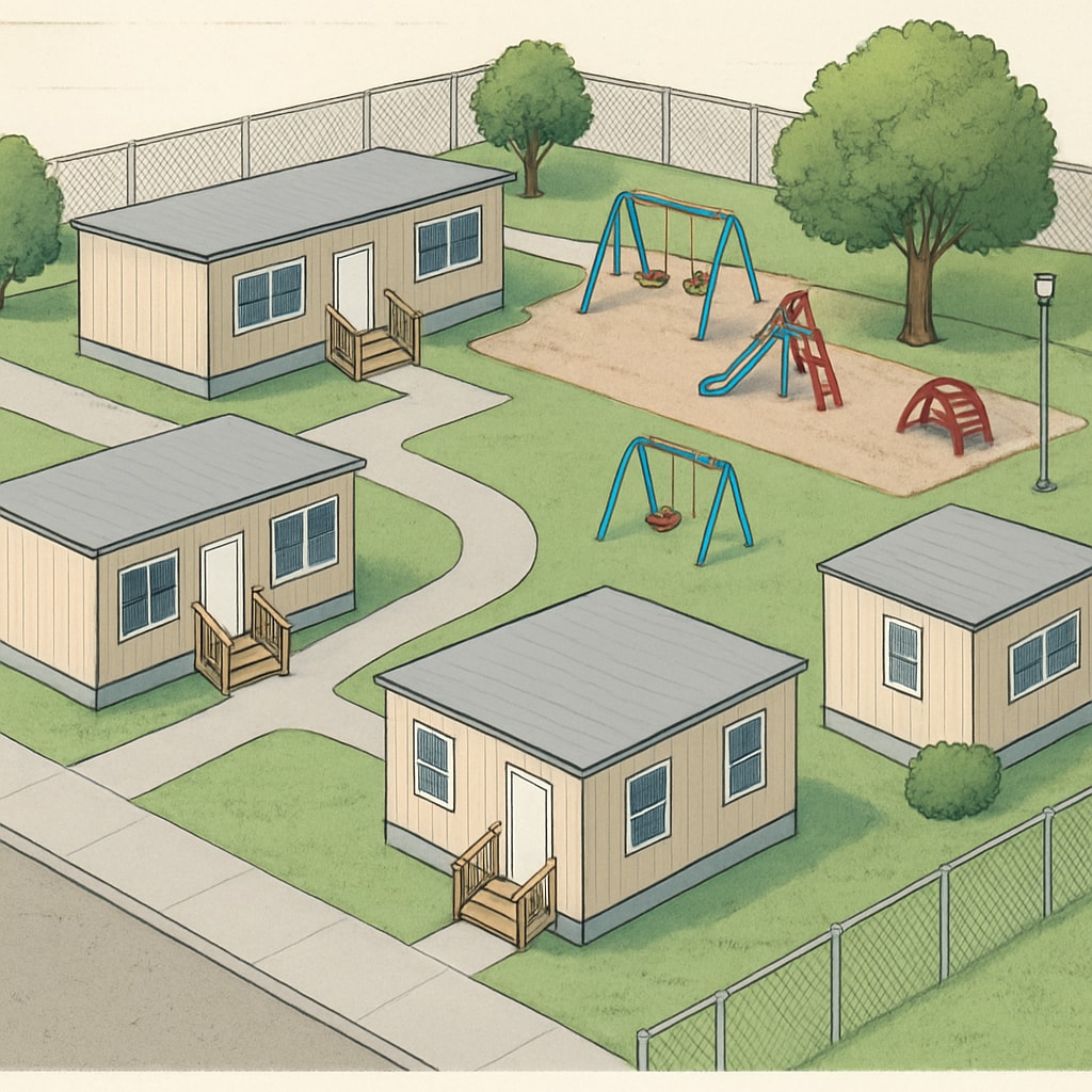A temporary school campus with portable classrooms and limited play areas. Temporary school campus with portable classrooms and limited play areas during reconstruction.
