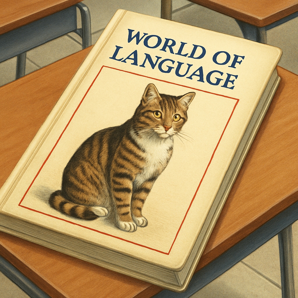 A vintage World of Language textbook with cat illustration for elementary education.