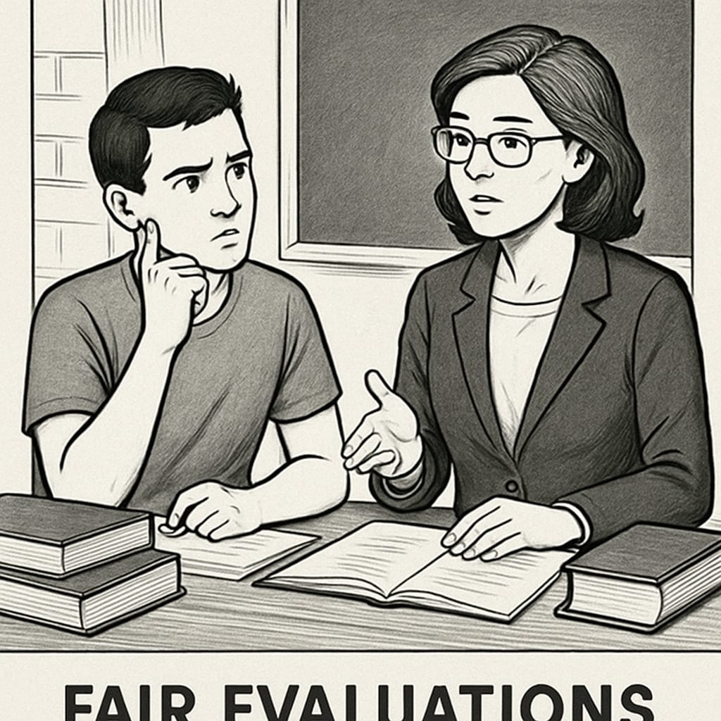 A conceptual image showing a student facing a teacher in a discussion, symbolizing the need for fair evaluations in academic settings. A student discussing plagiarism accusations with a teacher, focusing on fair academic evaluations.