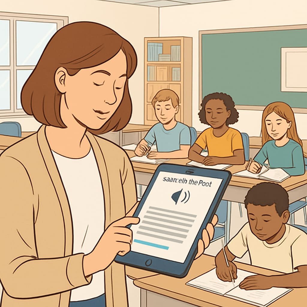 A teacher using a speech-to-text tool on a tablet in a classroom environment. The image demonstrates the integration of technology in education. A teacher using WillowVoice speech-to-text technology on a tablet to improve efficiency.