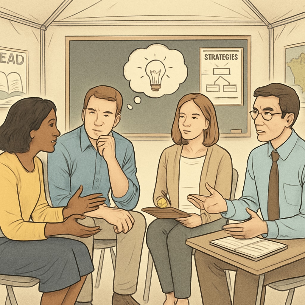 A group of parents and teachers discussing strategies in a temporary school setting. Parents and teachers collaborating in a temporary school setting.