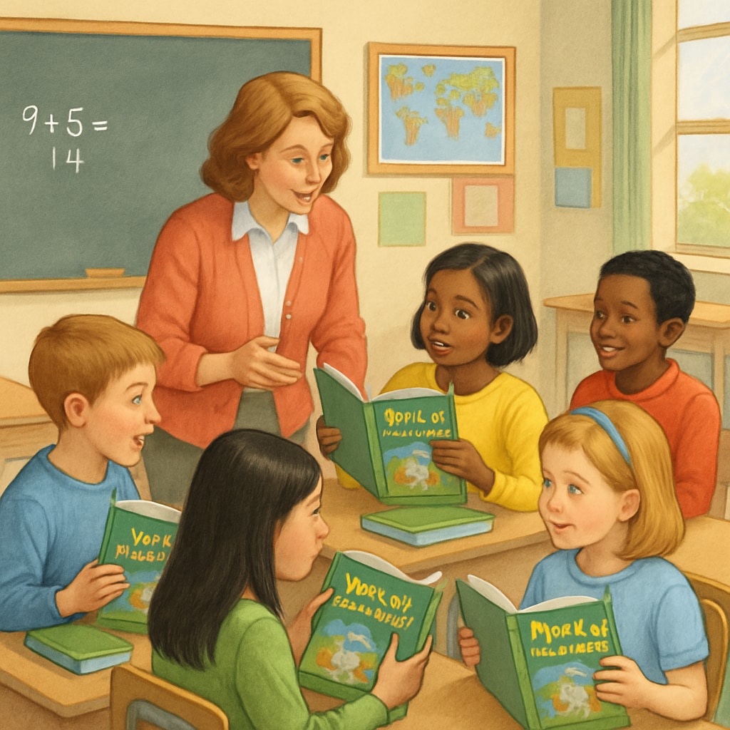 An elementary classroom where students are using Elementary classroom with students using World of Language textbooks.