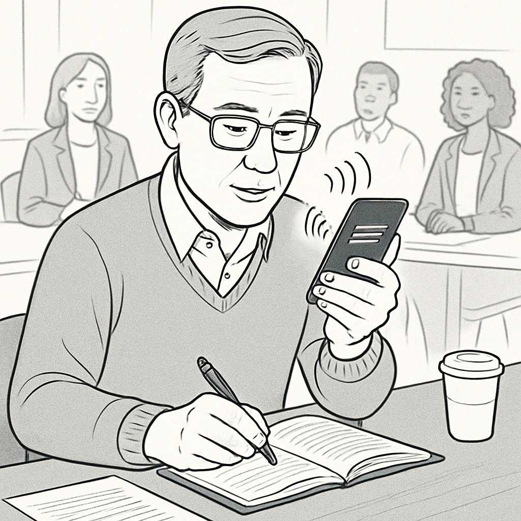 An educator dictating notes into a smartphone using speech-to-text technology during a staff meeting. The image highlights practical applications of speech-to-text tools. An educator using speech-to-text technology on a smartphone to streamline documentation during a meeting.