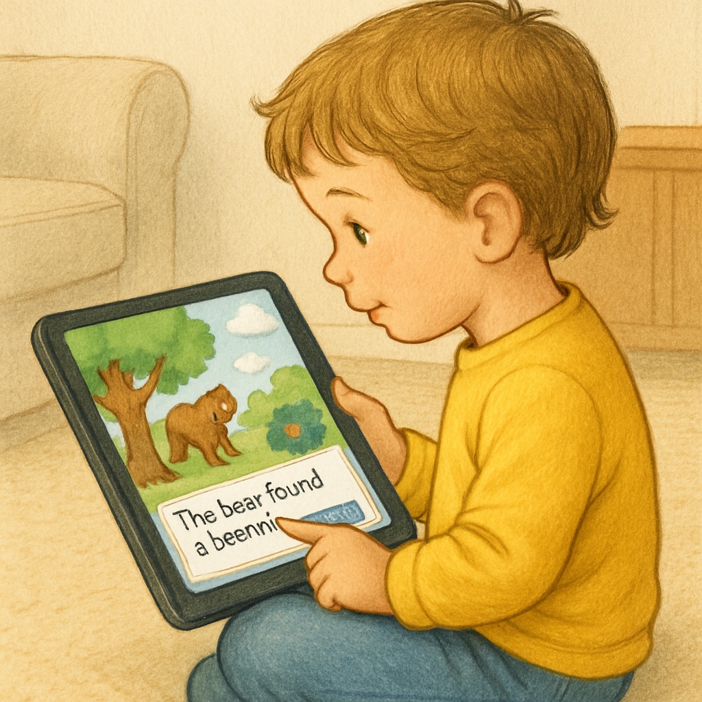A young child using a tablet while exploring an interactive storybook app at home, the app displaying colorful illustrations and engaging text. A child interacting with a children's reading app on a tablet.