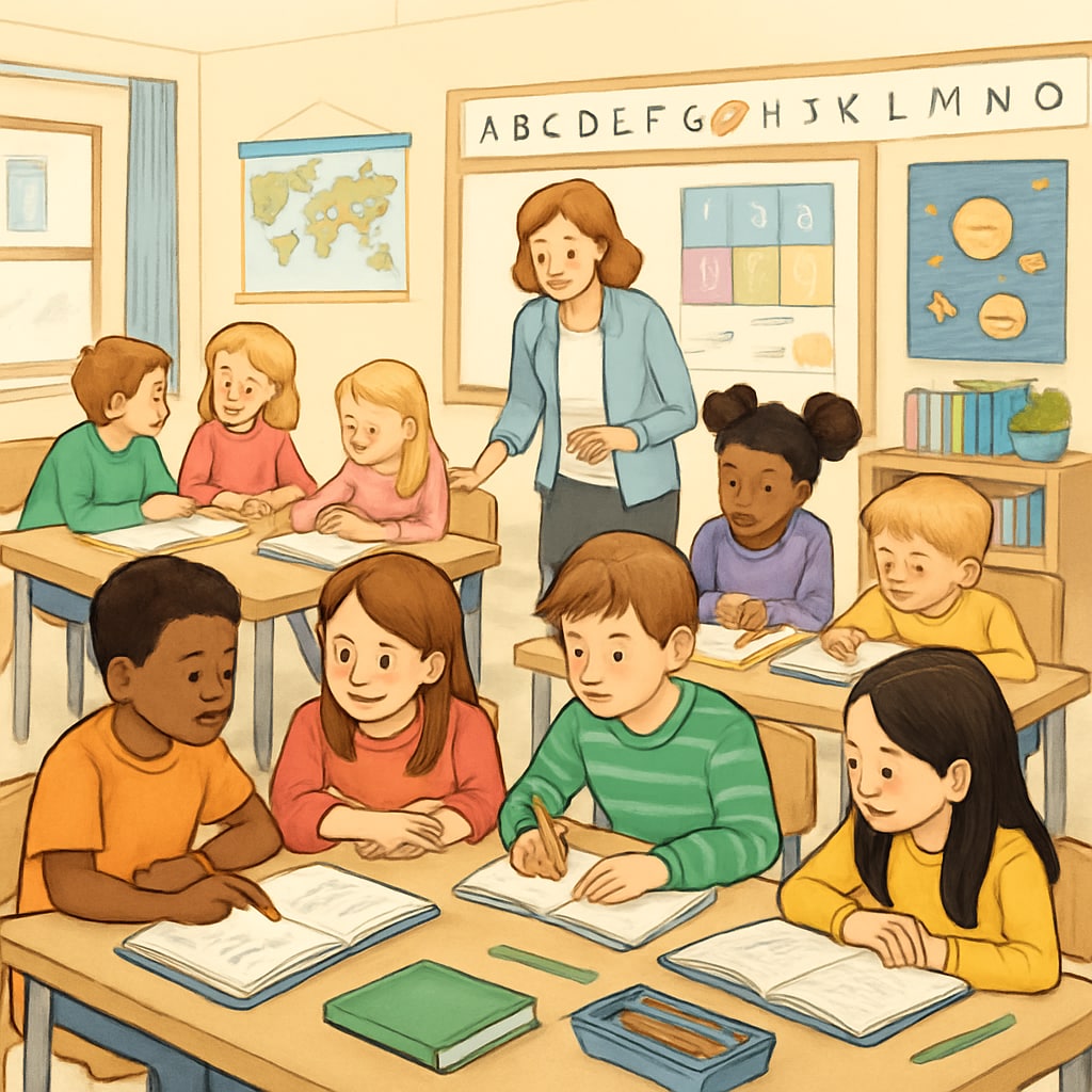 A classroom of students engaged in collaborative learning during a year-round school session. Students learning collaboratively in a year-round school environment.