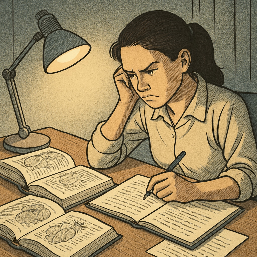 A determined student studying late at night with medical textbooks spread across the table, symbolizing perseverance under pressure. Student studying medical textbooks at night, showcasing determination and resilience.