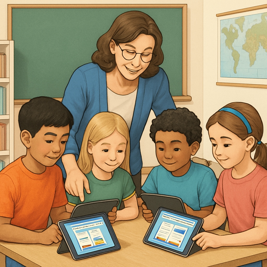 A teacher guiding a group of children as they explore an educational reading app on tablets in a classroom setting, showcasing collaborative learning. Educator working with students on a children's reading app in a classroom.