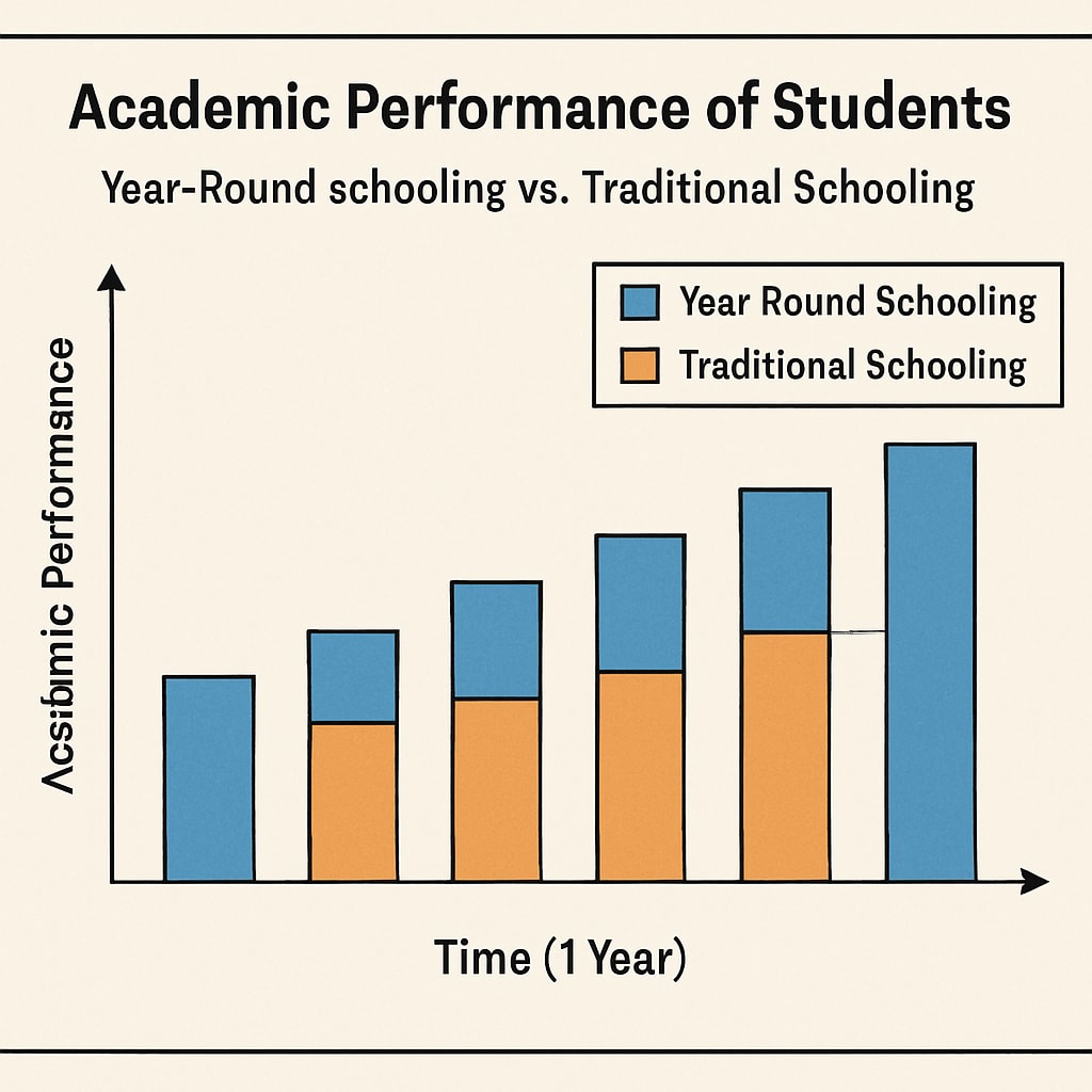 A graph comparing academic performance of students in year-round schooling vs. traditional schooling over one year. Graph showing academic benefits of year-round schooling compared to traditional schooling.