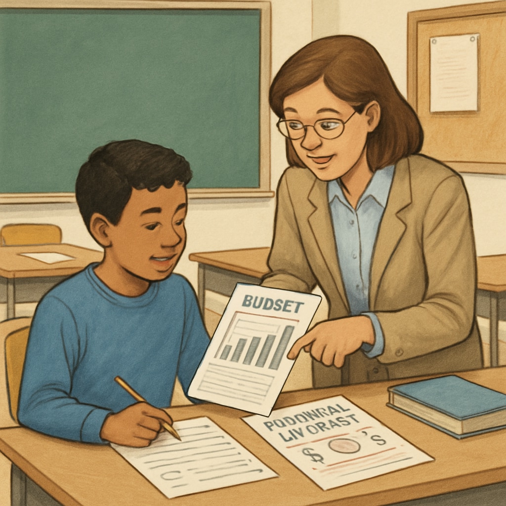A student and teacher reviewing financial literacy worksheets in a classroom setting. Financial literacy class focusing on avoiding tuition crises.
