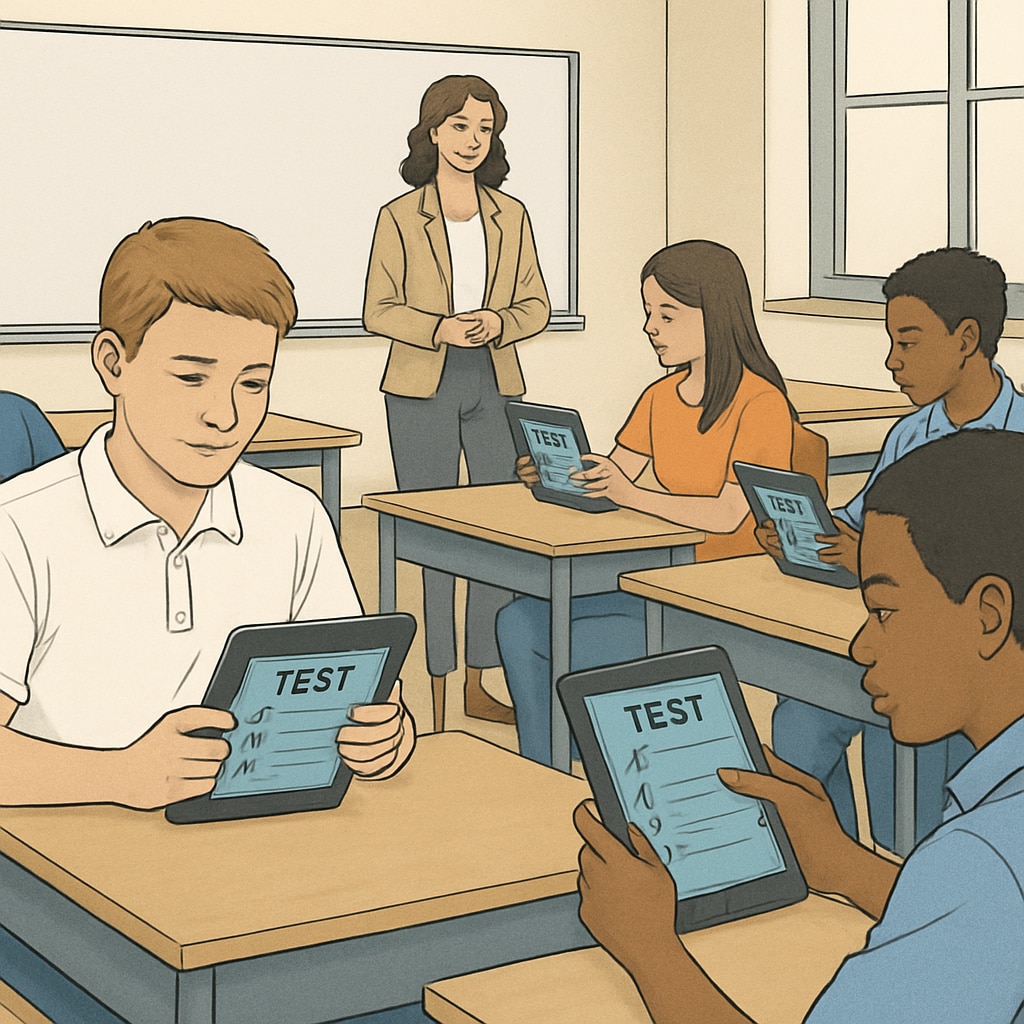 A detailed image of students using test resources on digital tablets in a classroom setting. Students working on test resources in a classroom on digital tablets.