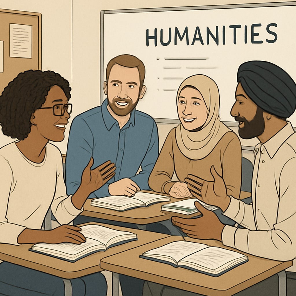 A classroom with adult students from diverse backgrounds engaging in a discussion about humanities. Adult students discussing humanities in a multicultural classroom setting.