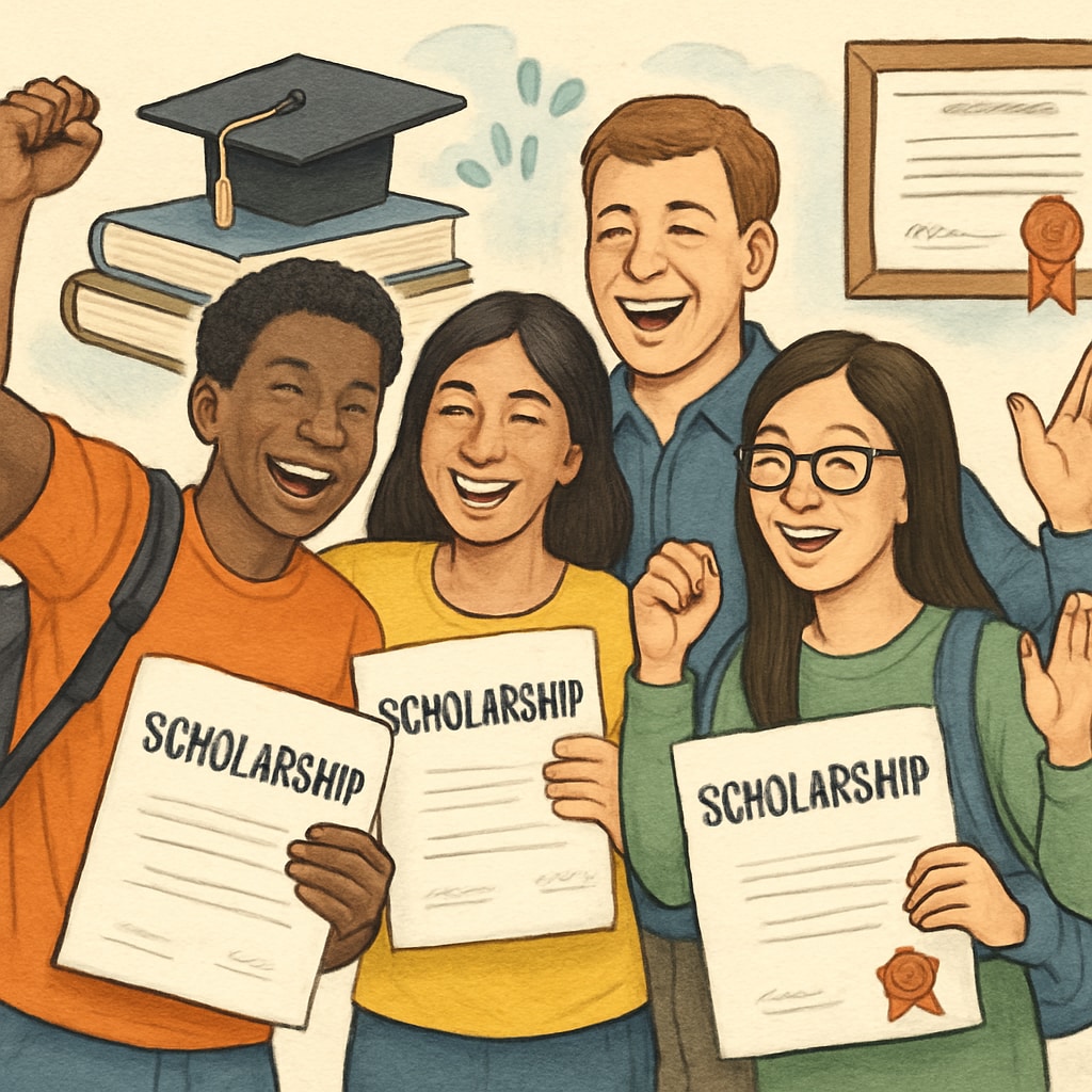 A diverse group of students celebrating after receiving scholarships, highlighting community support. Students celebrating scholarships as a solution to tuition crises.