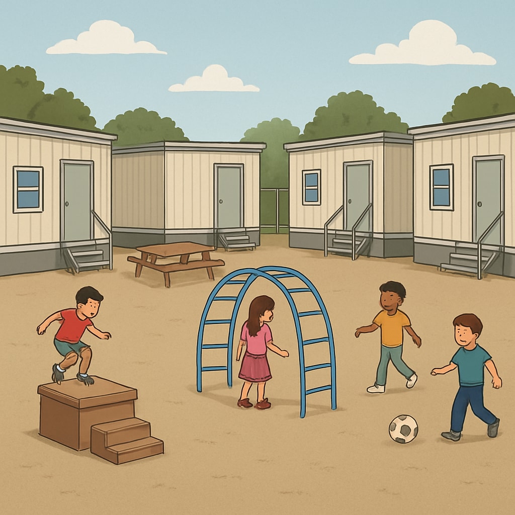 A photo of a small temporary schoolyard with limited play equipment, illustrating the constraints students face during relocations. Temporary schoolyard with limited play facilities during school relocation.