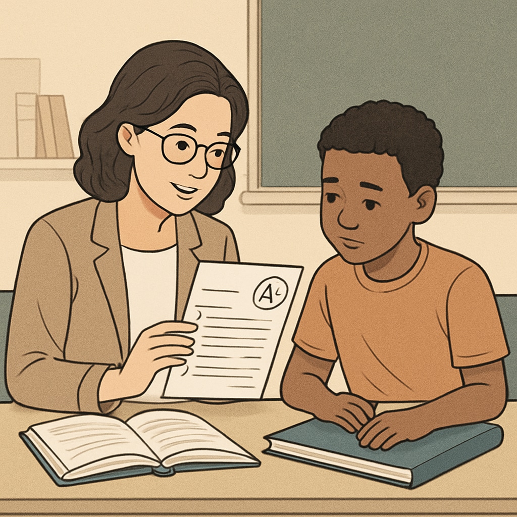 A close-up image of a teacher reviewing test results with a student, fostering self-reflection and growth. Teacher reviewing test results with a student for self-reflection.