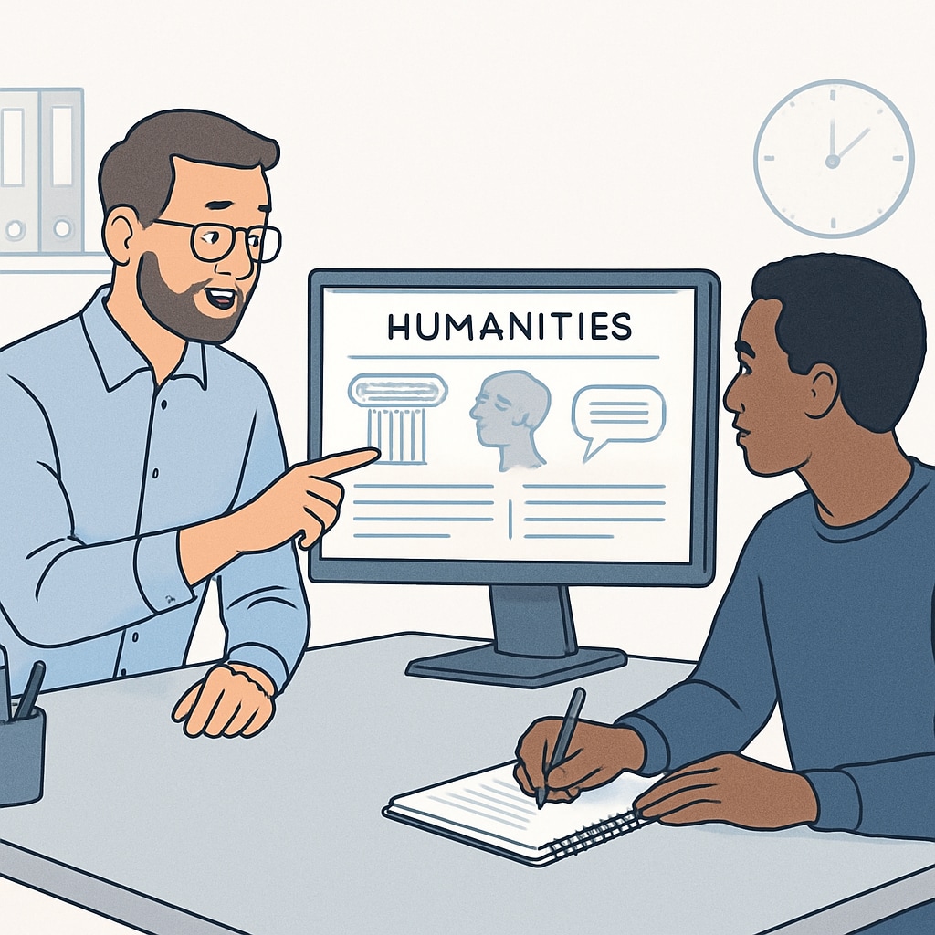 A tutor guiding an adult international student through an online humanities module. A tutor helping an international student navigate online humanities learning tools.
