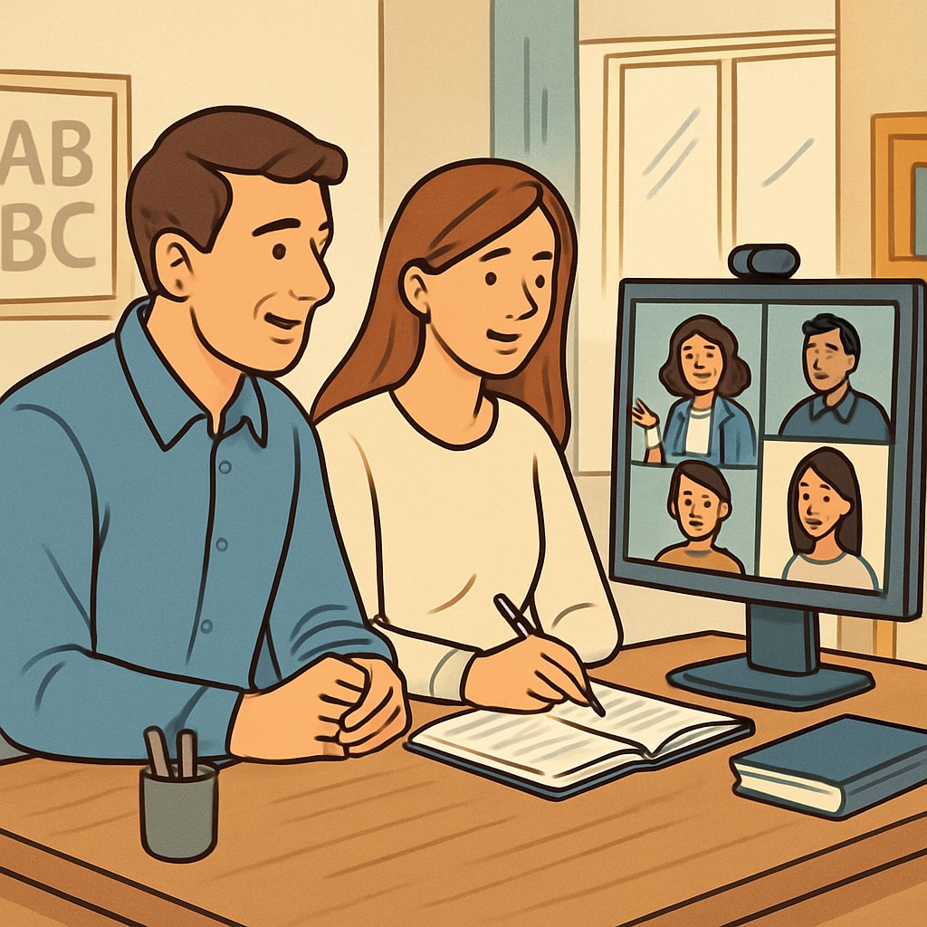 A parent-teacher meeting conducted virtually, showing parents and teachers collaborating online due to relocation challenges. Virtual parent-teacher meeting during temporary school relocation.