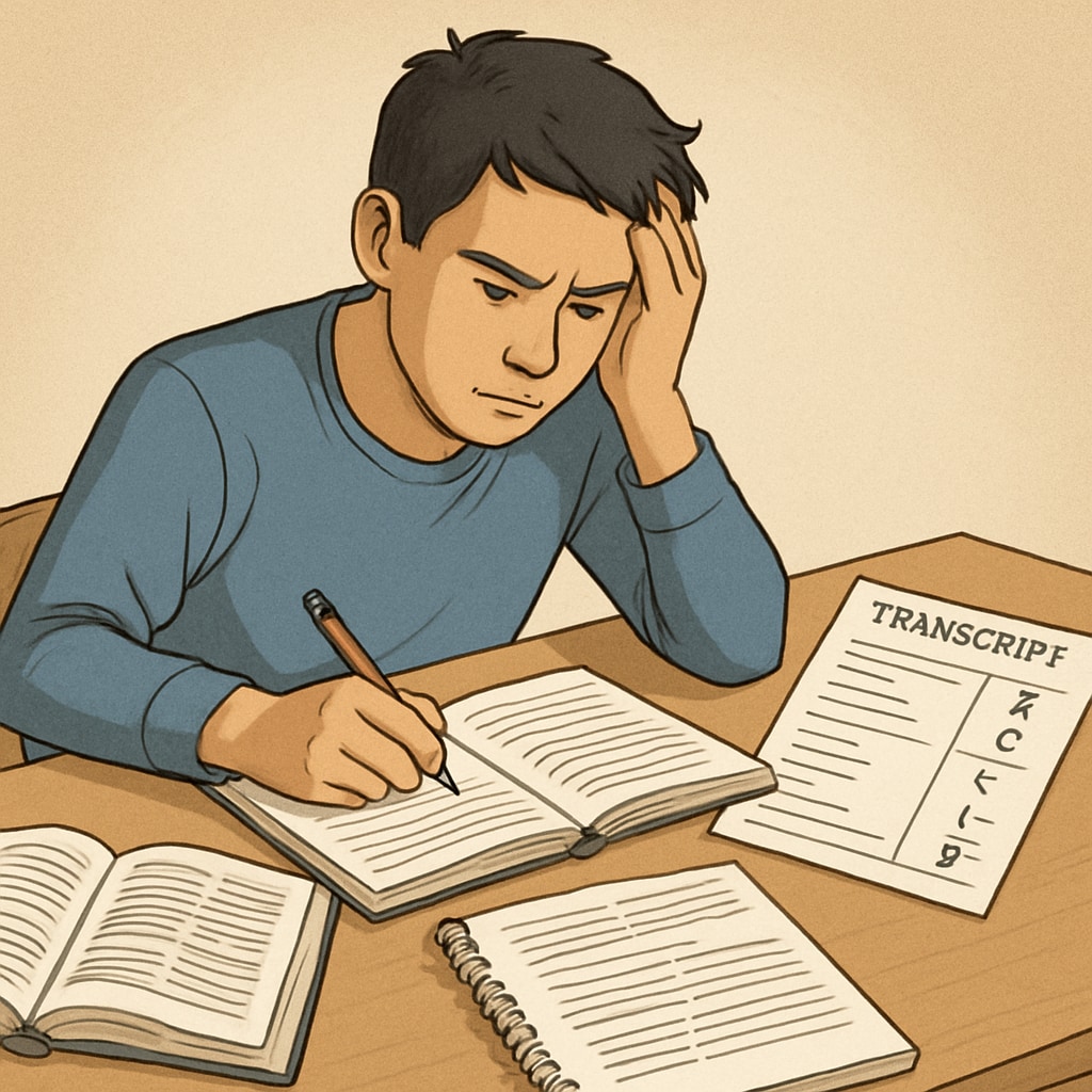 A student studying intensely with a transcript reflecting varied grades, symbolizing academic resilience. A student analyzing their grades for Harvard University application consideration.