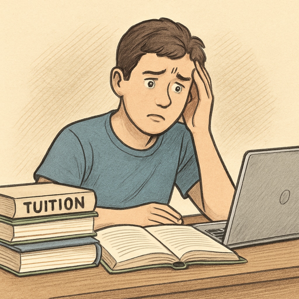 A young student sitting at a desk with textbooks and a laptop, visibly worried about tuition payments. Student concerned about tuition challenges while studying at a desk.